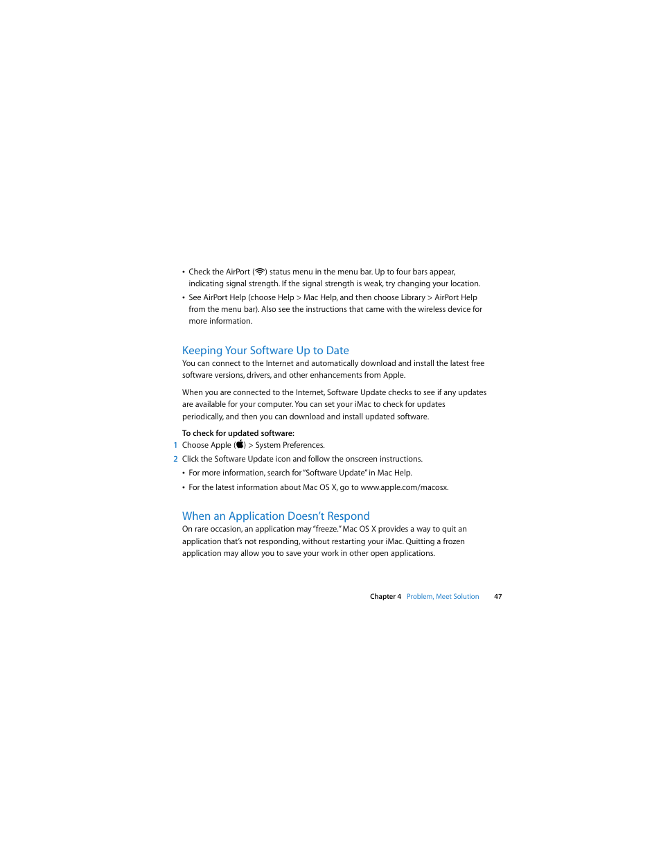 Keeping your software up to date, When an application doesn’t respond | Apple iMac (Early 2009) User Manual | Page 47 / 76