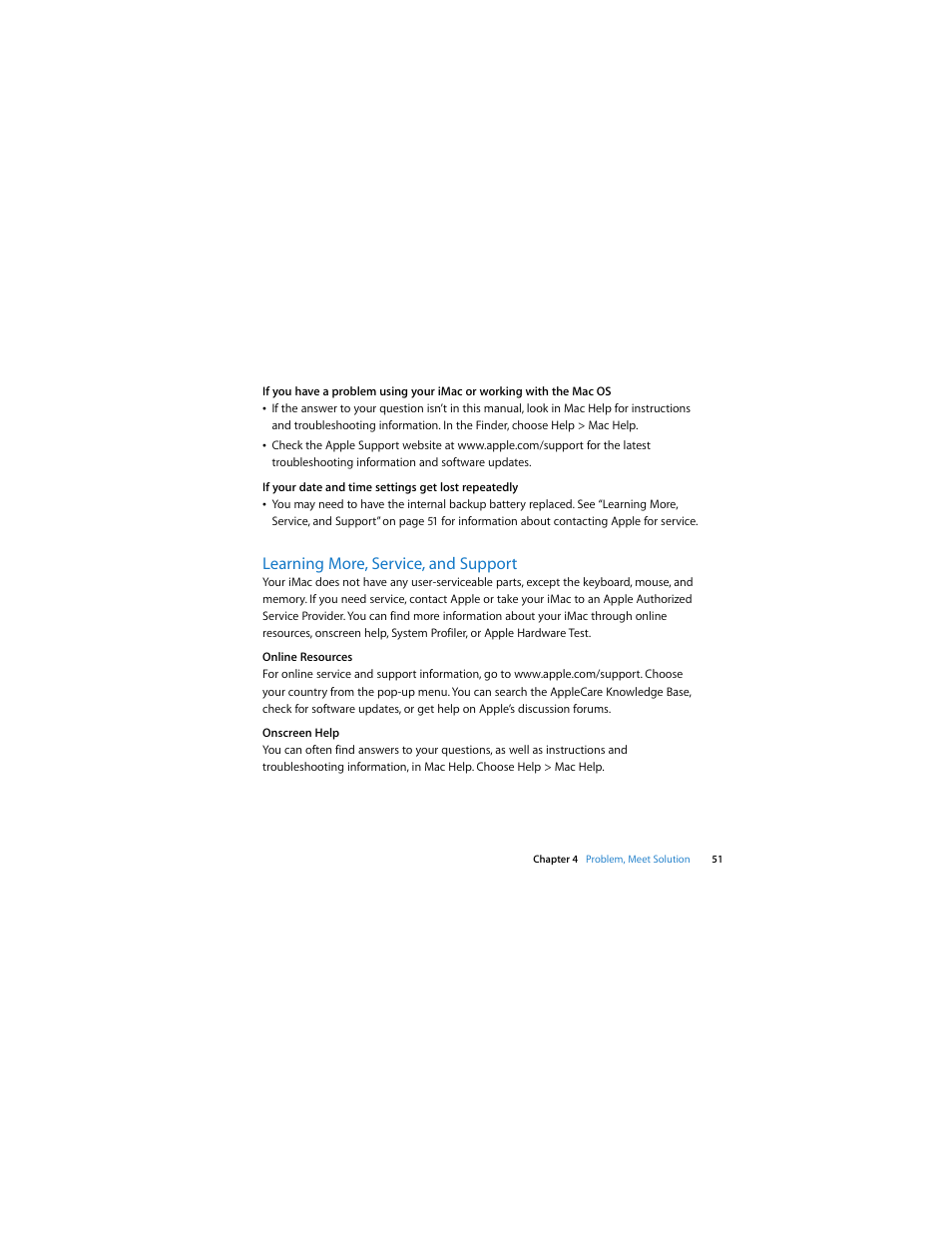 Learning more, service, and support, See “learning more, service, and support” on | Apple iMac (Early 2009) User Manual | Page 51 / 76