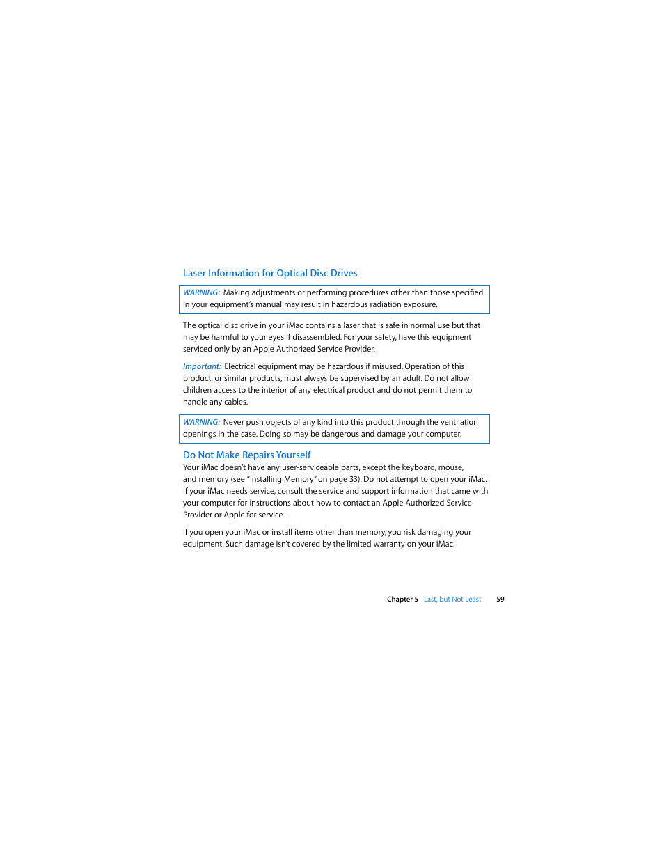 Laser information for optical disc drives, Do not make repairs yourself | Apple iMac (Early 2009) User Manual | Page 59 / 76