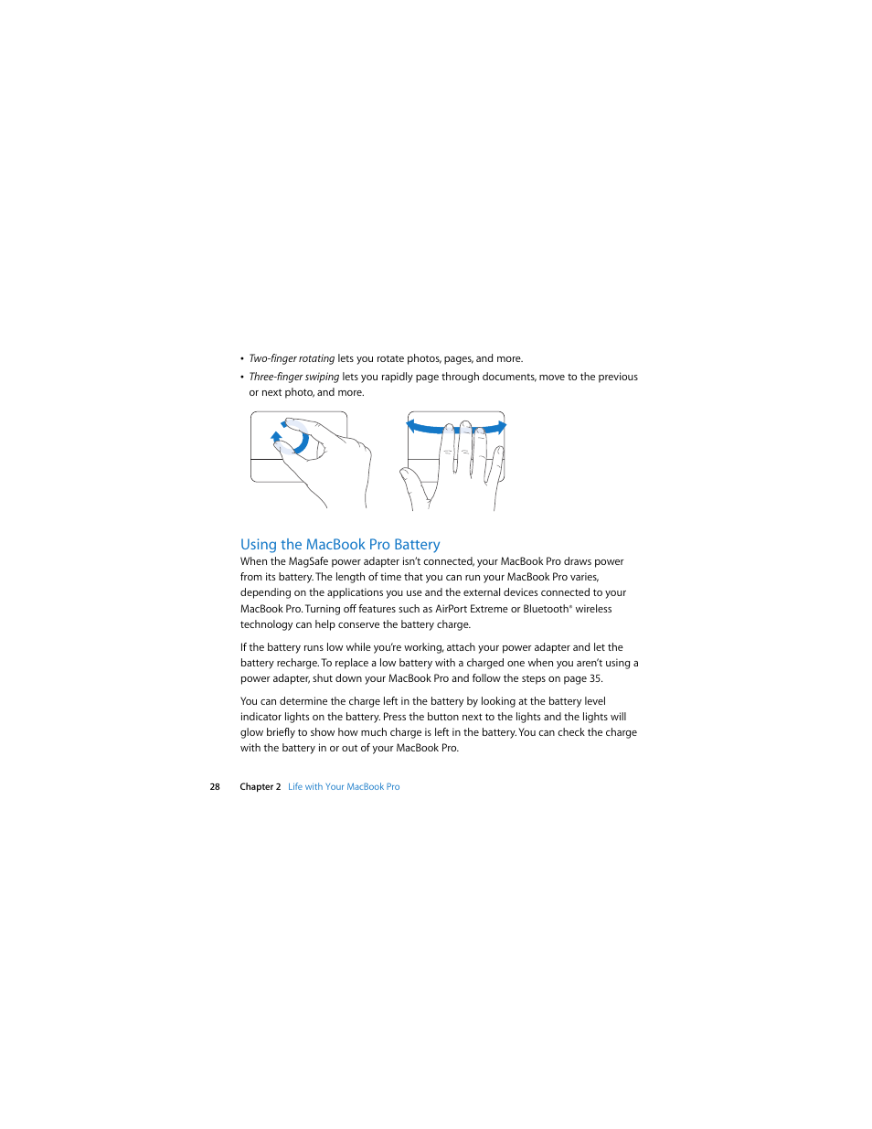 Using the macbookpro battery, Using the macbook pro battery | Apple MacBook Pro (Early 2008) User Manual | Page 28 / 80