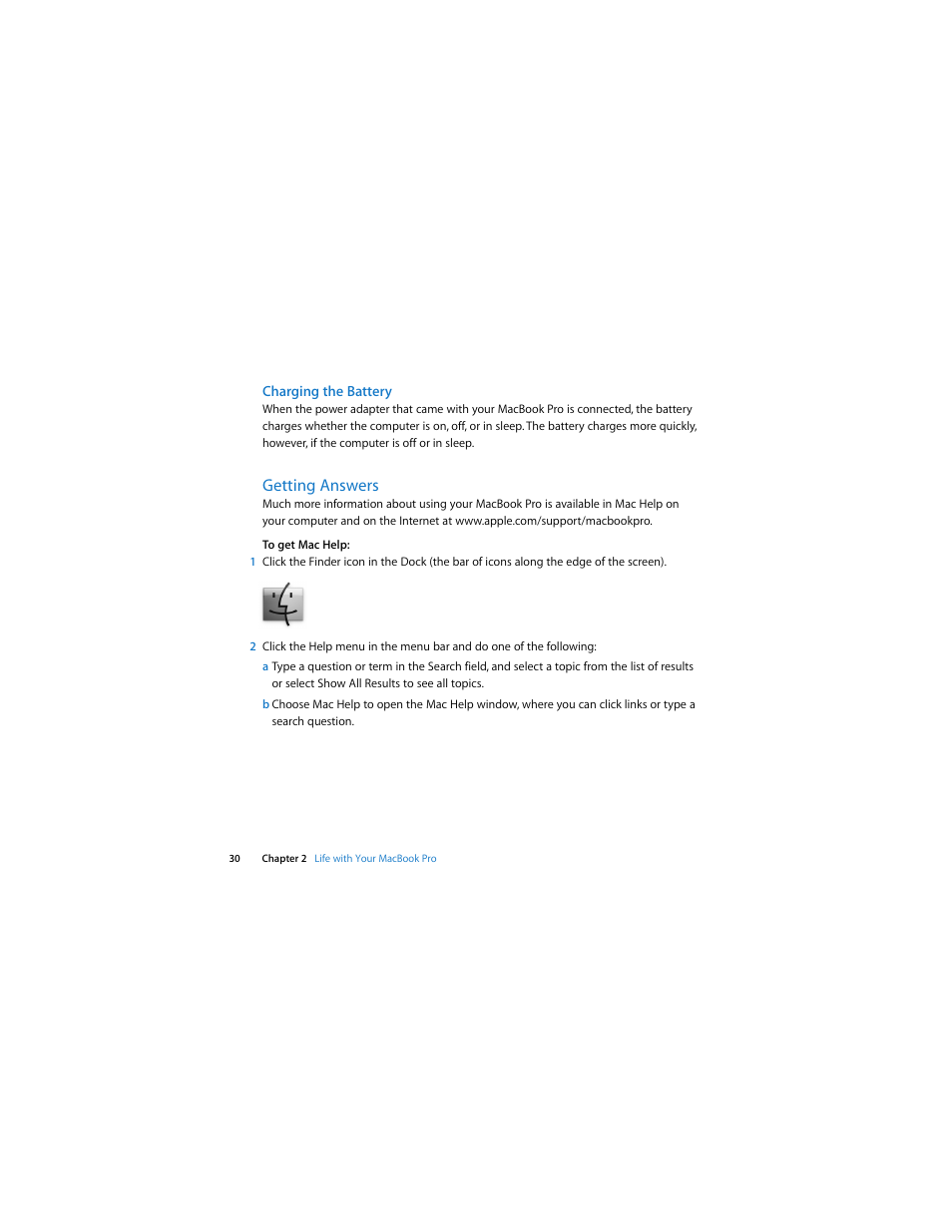 Charging the battery, Getting answers | Apple MacBook Pro (Early 2008) User Manual | Page 30 / 80