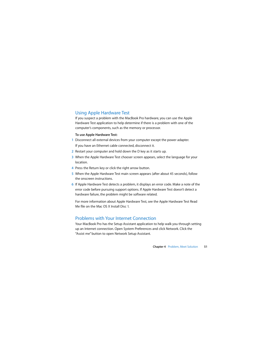 Using apple hardware test, Problems with your internet connection | Apple MacBook Pro (Early 2008) User Manual | Page 51 / 80