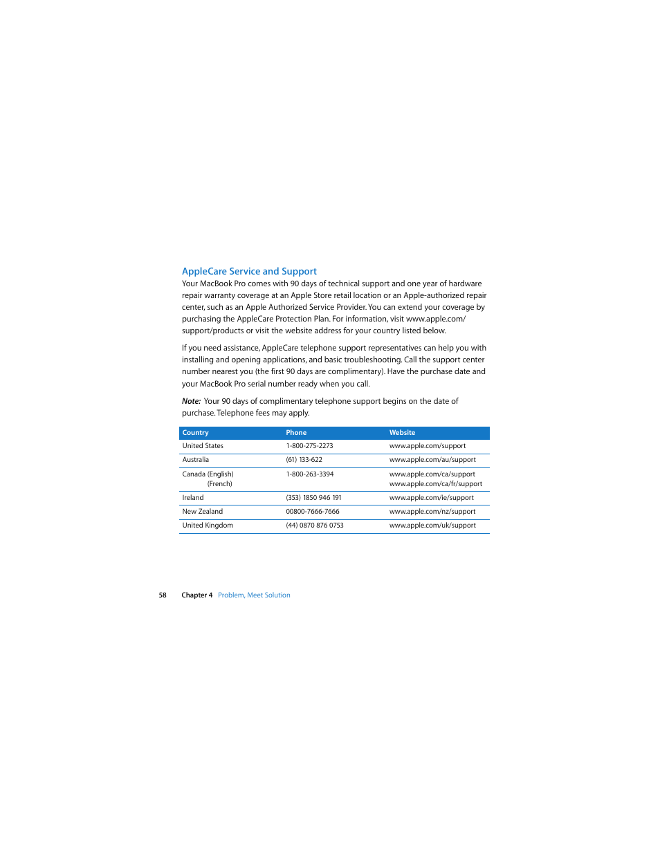 Applecare service and support | Apple MacBook Pro (Early 2008) User Manual | Page 58 / 80