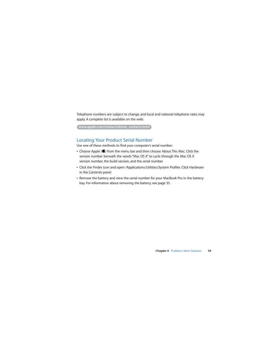 Locating your product serial number | Apple MacBook Pro (Early 2008) User Manual | Page 59 / 80