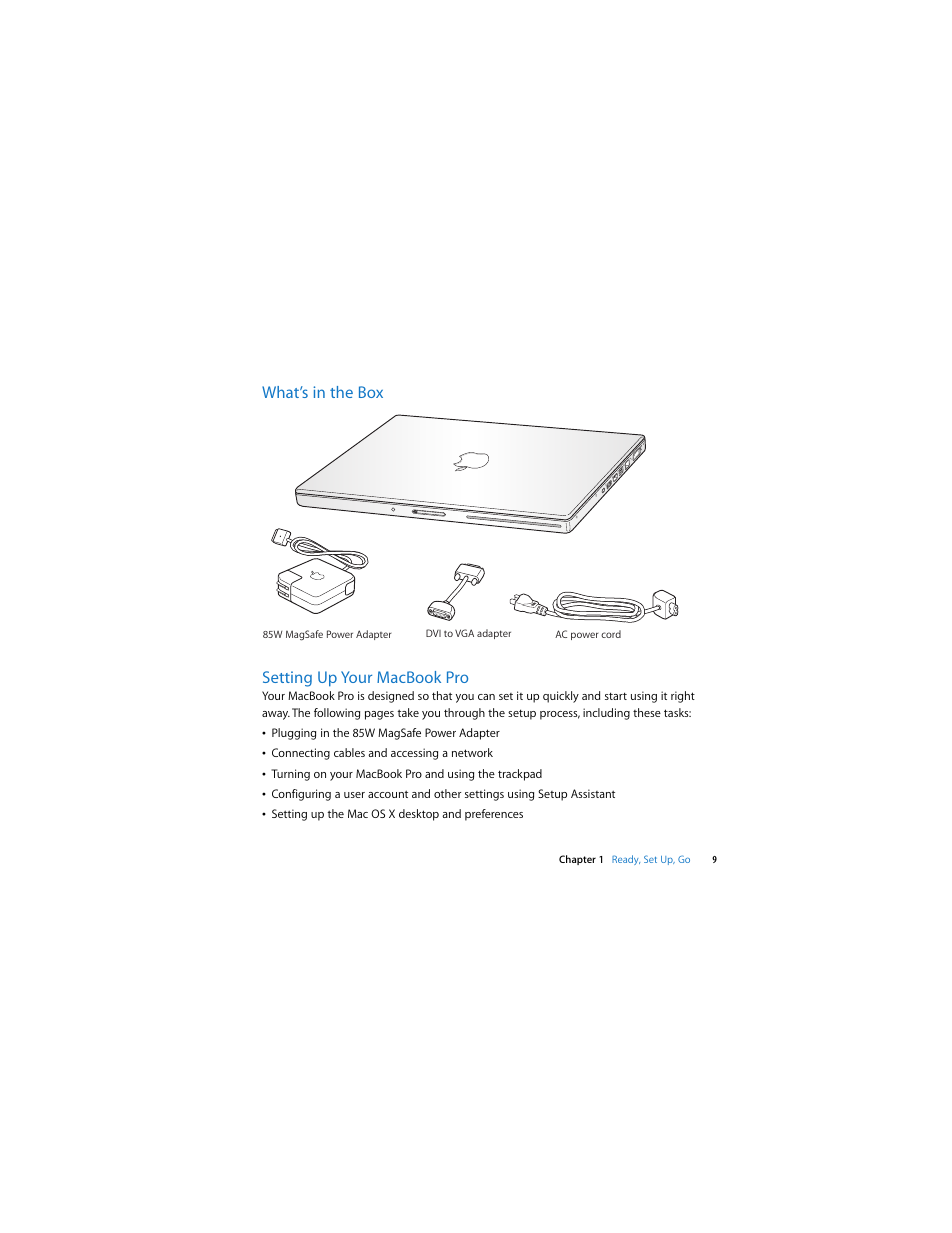 What’s in the box, Setting up your macbookpro, What’s in the box setting up your macbook pro | Apple MacBook Pro (Early 2008) User Manual | Page 9 / 80