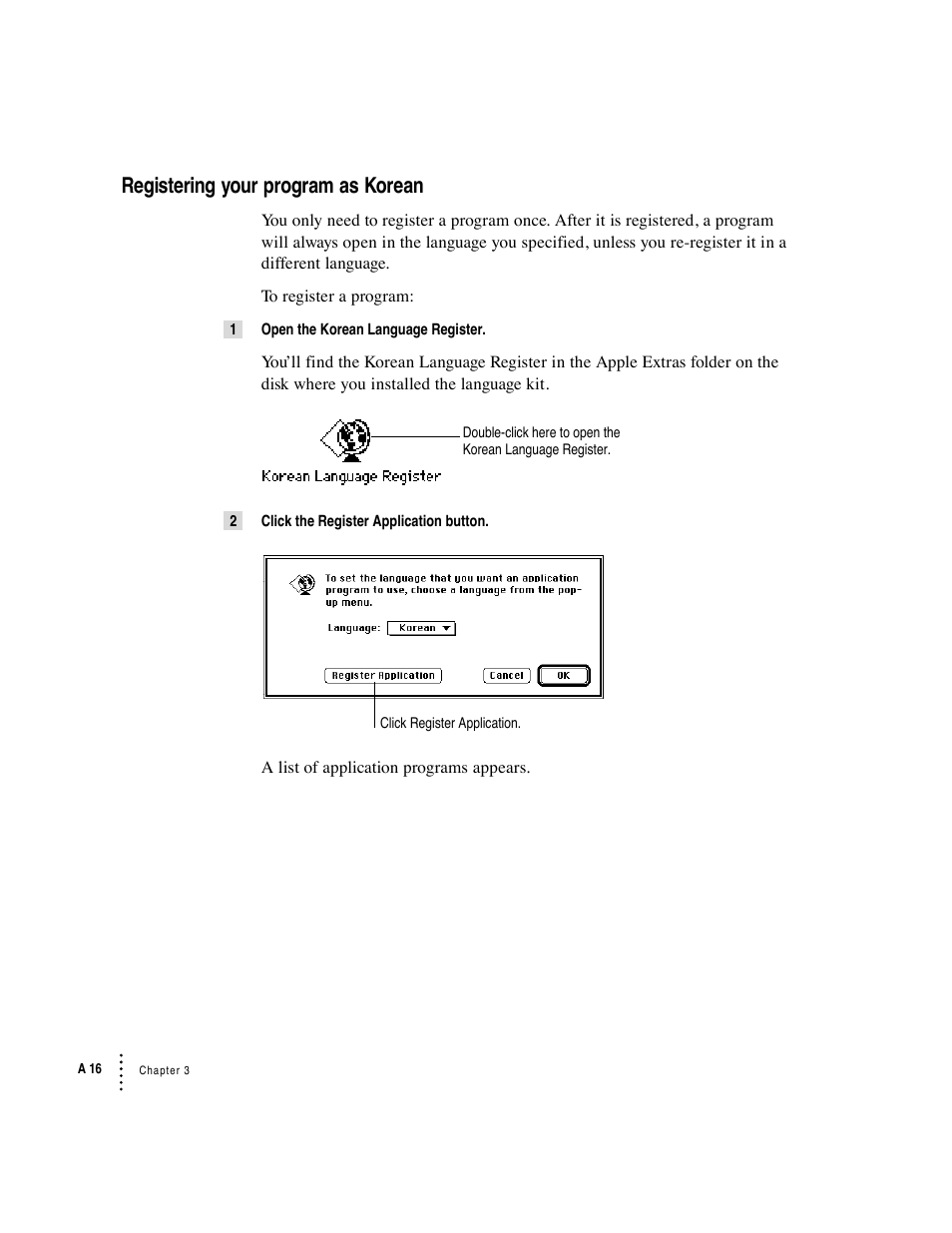 Registering your program as korean | Apple Macintosh Korean Language Kit User Manual | Page 16 / 31