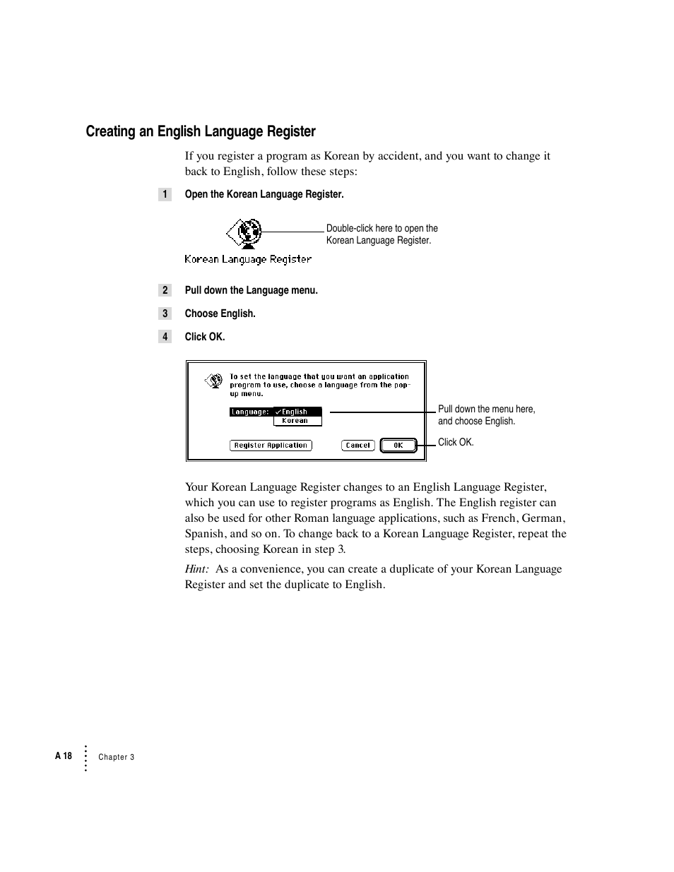 Creating an english language register | Apple Macintosh Korean Language Kit User Manual | Page 18 / 31