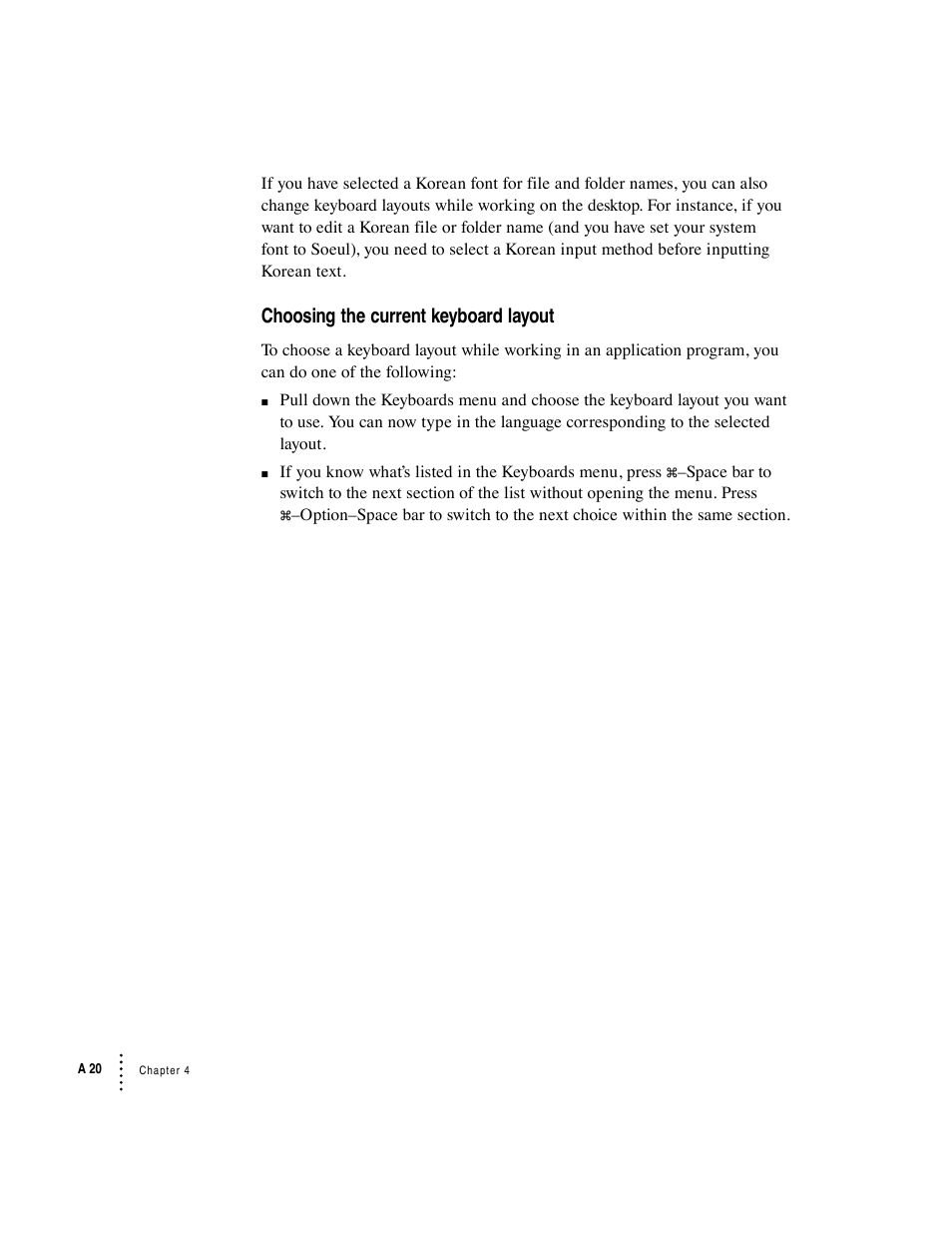 Choosing the current keyboard layout | Apple Macintosh Korean Language Kit User Manual | Page 20 / 31