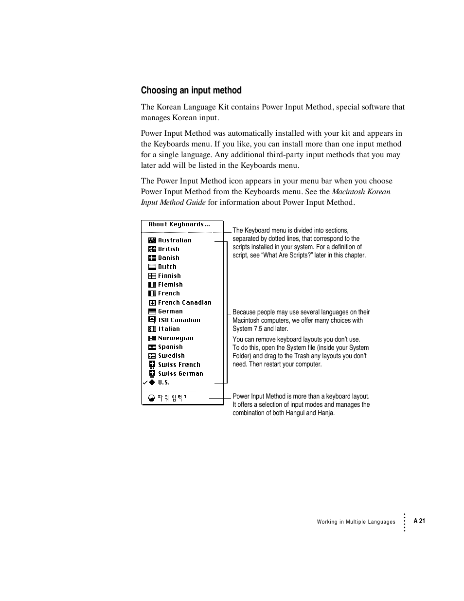 Choosing an input method | Apple Macintosh Korean Language Kit User Manual | Page 21 / 31