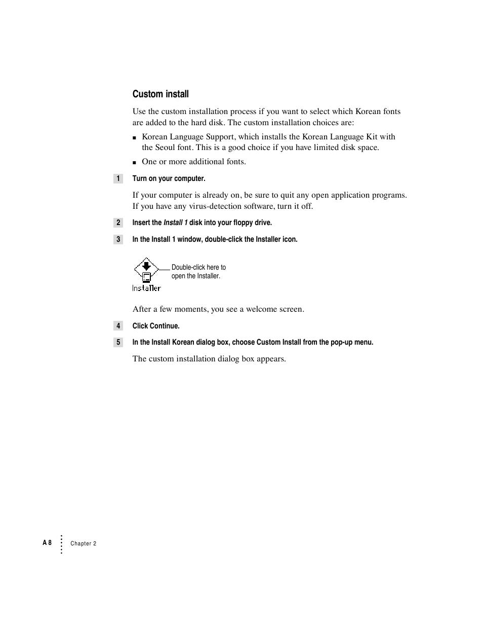 Custom install | Apple Macintosh Korean Language Kit User Manual | Page 8 / 31