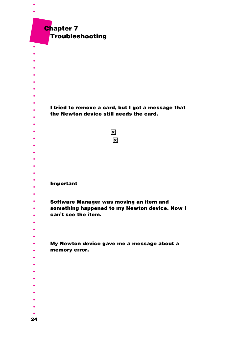 Chapter 7 troubleshooting | Apple Newton Utilities User Manual | Page 27 / 33