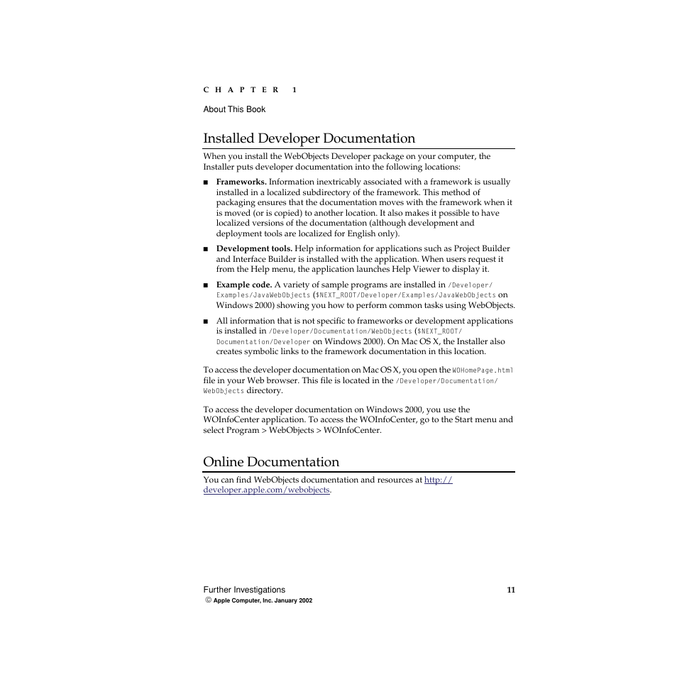 Installed developer documentation, Online documentation | Apple WebObjects 5 User Manual | Page 11 / 108