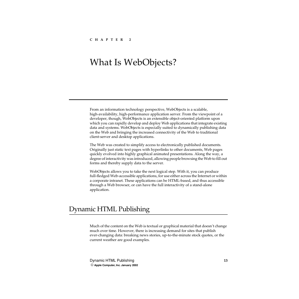 What is webobjects, Dynamic html publishing, Chapter 2 | 2 what is webobjects | Apple WebObjects 5 User Manual | Page 13 / 108