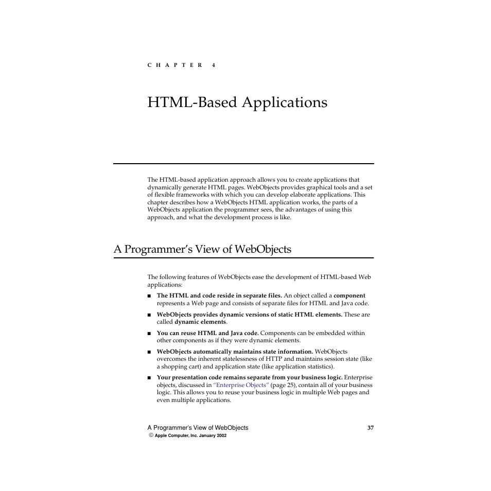 Html-based applications, A programmer’s view of webobjects, Chapter 4 | 4html-based applications | Apple WebObjects 5 User Manual | Page 37 / 108