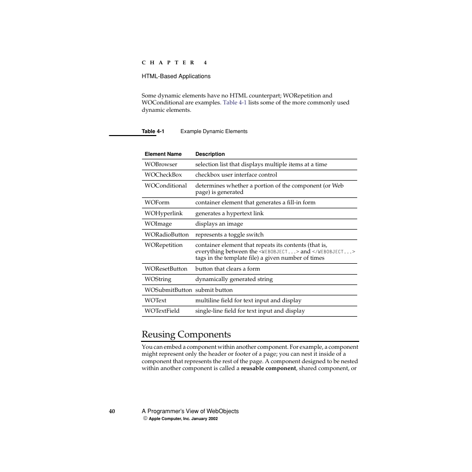 Reusing components, Table 4-1, Example dynamic elements | Apple WebObjects 5 User Manual | Page 40 / 108