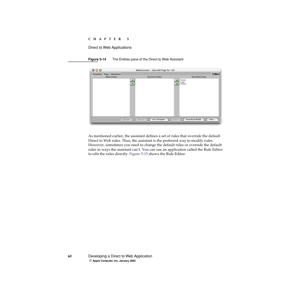 Figure 5-14, The entities pane of the direct to web assistant | Apple WebObjects 5 User Manual | Page 60 / 108