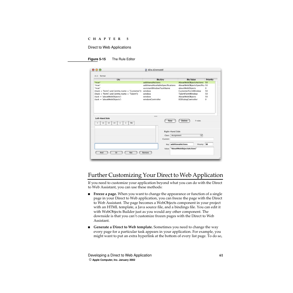 Further customizing your direct to web application, Figure 5-15, The rule editor | Apple WebObjects 5 User Manual | Page 61 / 108