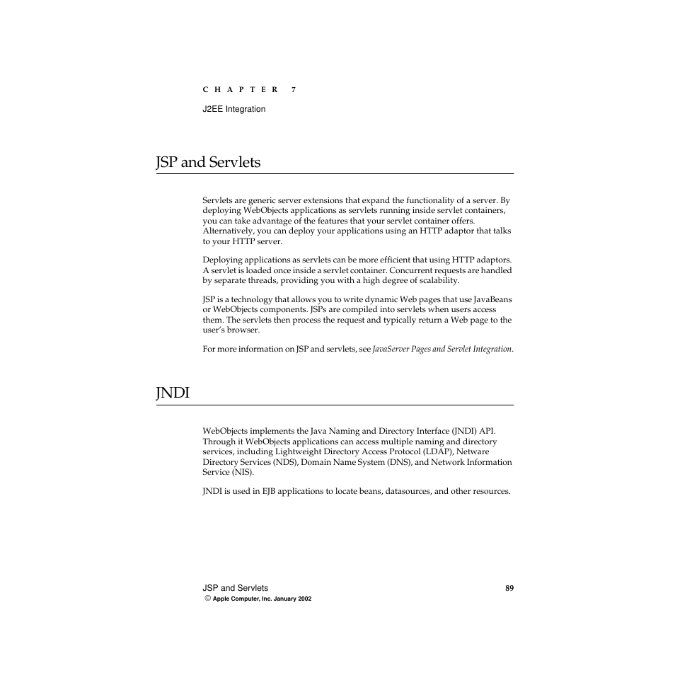 Jsp and servlets, Jndi | Apple WebObjects 5 User Manual | Page 89 / 108