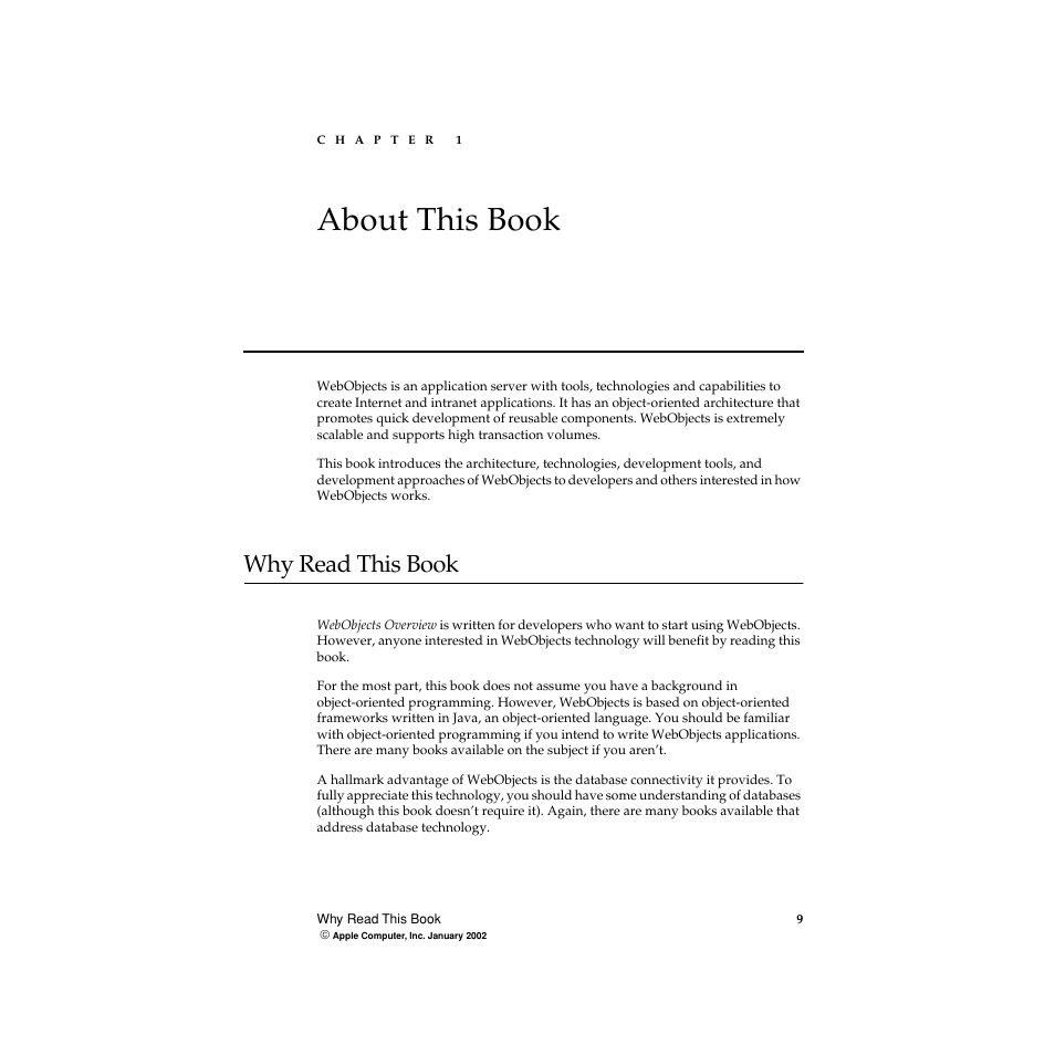 About this book, Why read this book, Chapter 1 | 1 about this book | Apple WebObjects 5 User Manual | Page 9 / 108