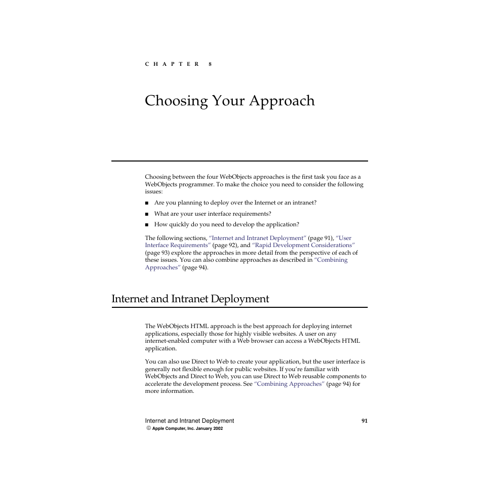 Choosing your approach, Internet and intranet deployment, Chapter 8 | 8choosing your approach | Apple WebObjects 5 User Manual | Page 91 / 108