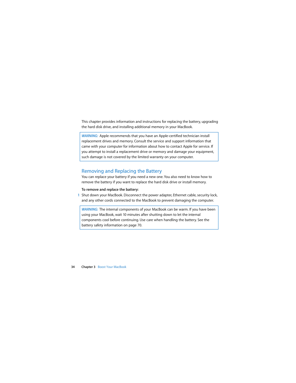 Removing and replacing the battery | Apple MacBook (13-inch, Aluminum, Late 2008) User Manual | Page 34 / 88