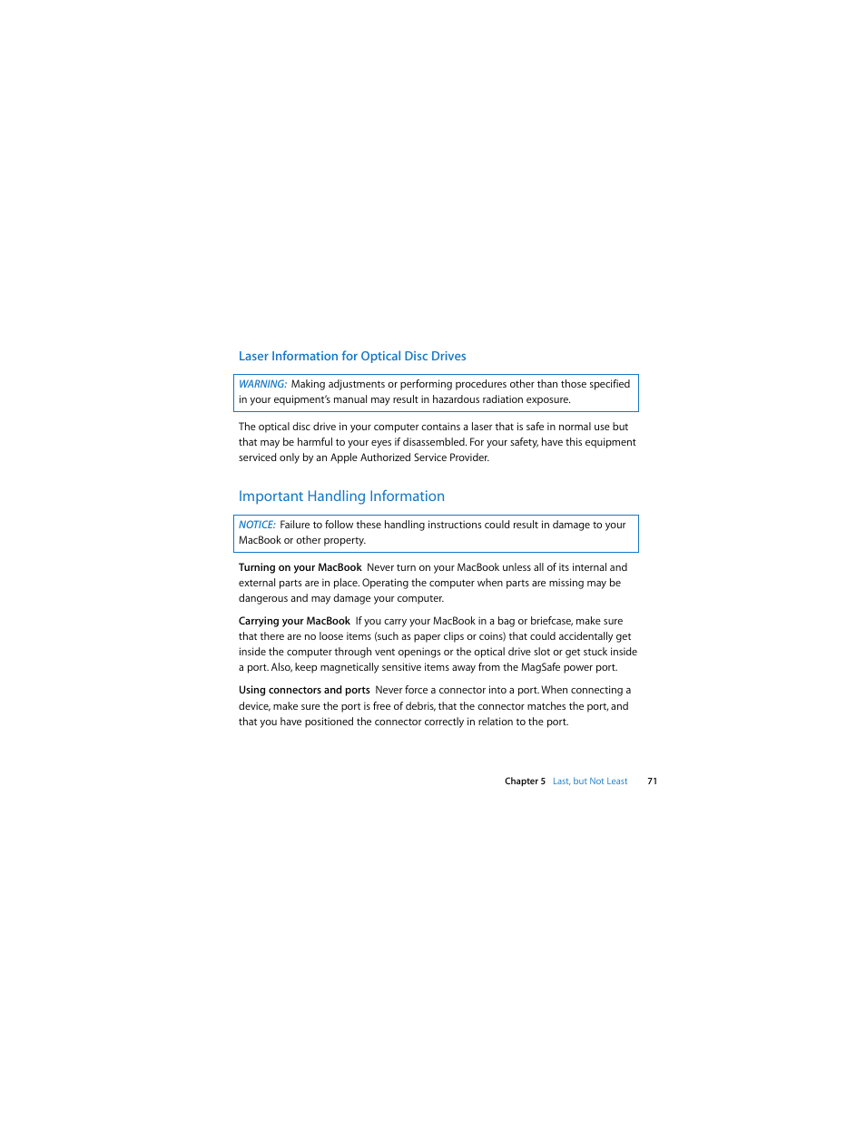 Laser information for optical disc drives, Important handling information | Apple MacBook (13-inch, Aluminum, Late 2008) User Manual | Page 71 / 88