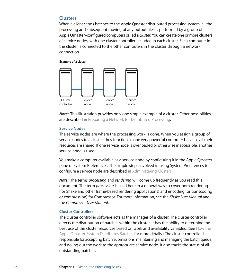 Clusters, Service nodes, Cluster controllers | Apple Qmaster 3 User Manual | Page 12 / 94