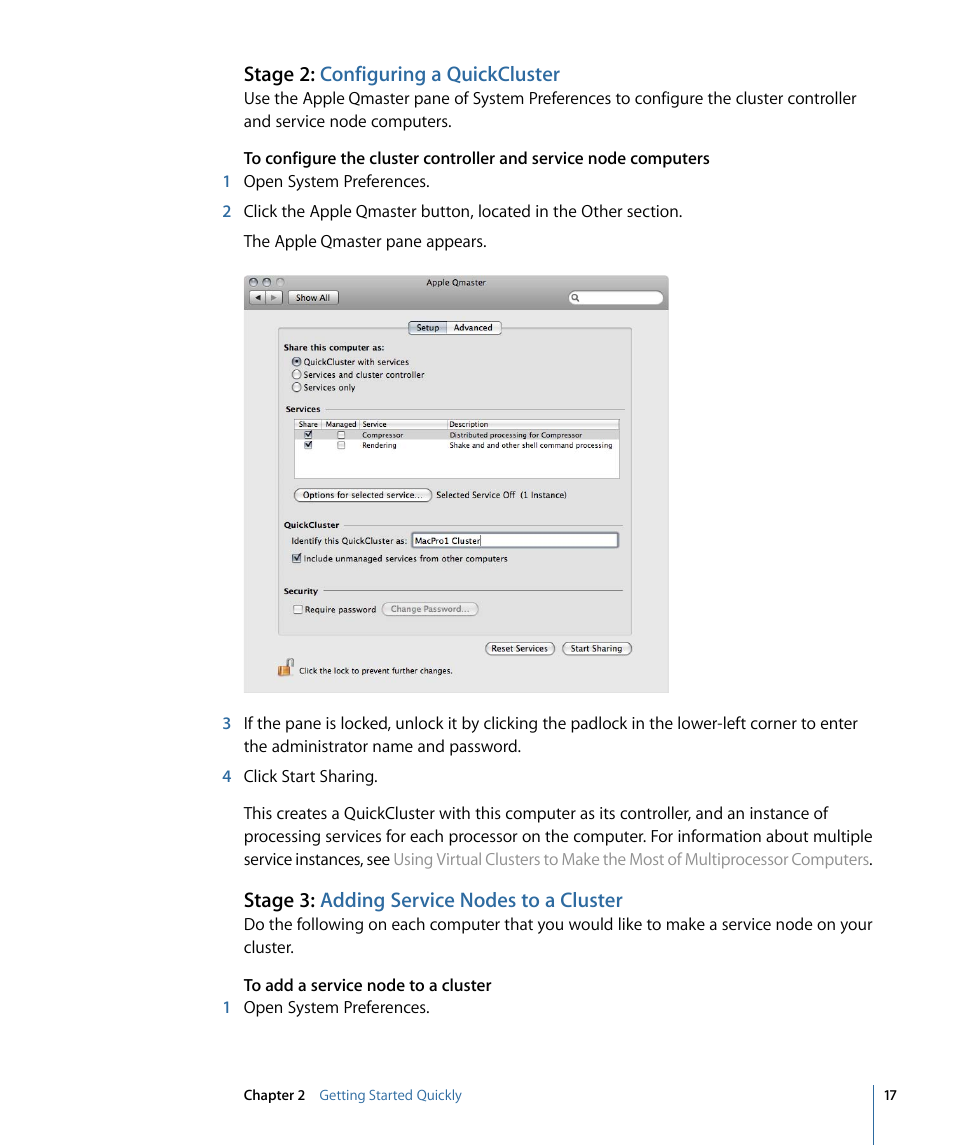 Stage 2: configuring a quickcluster, Stage 3: adding service nodes to a cluster | Apple Qmaster 3 User Manual | Page 17 / 94