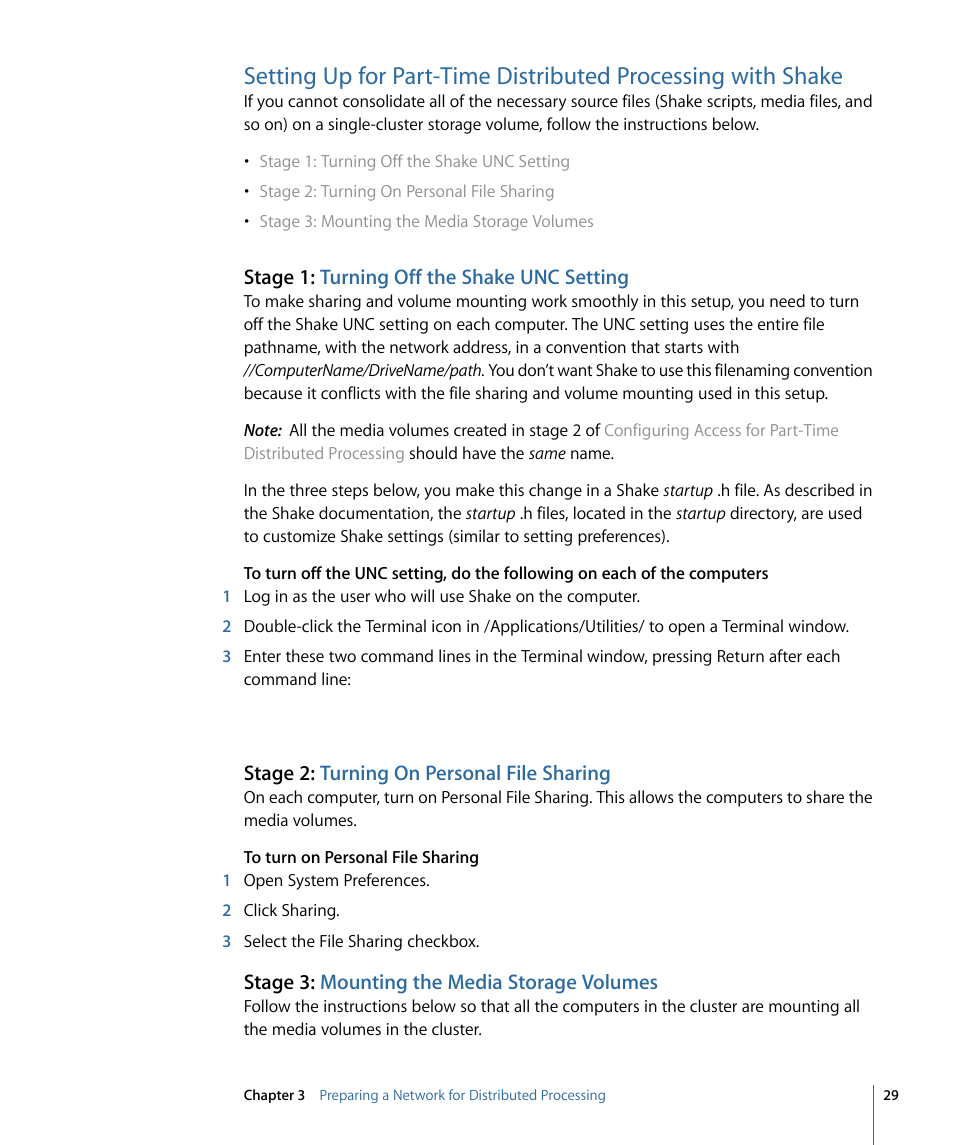 Stage 1: turning off the shake unc setting, Stage 2: turning on personal file sharing, Stage 3: mounting the media storage volumes | Apple Qmaster 3 User Manual | Page 29 / 94