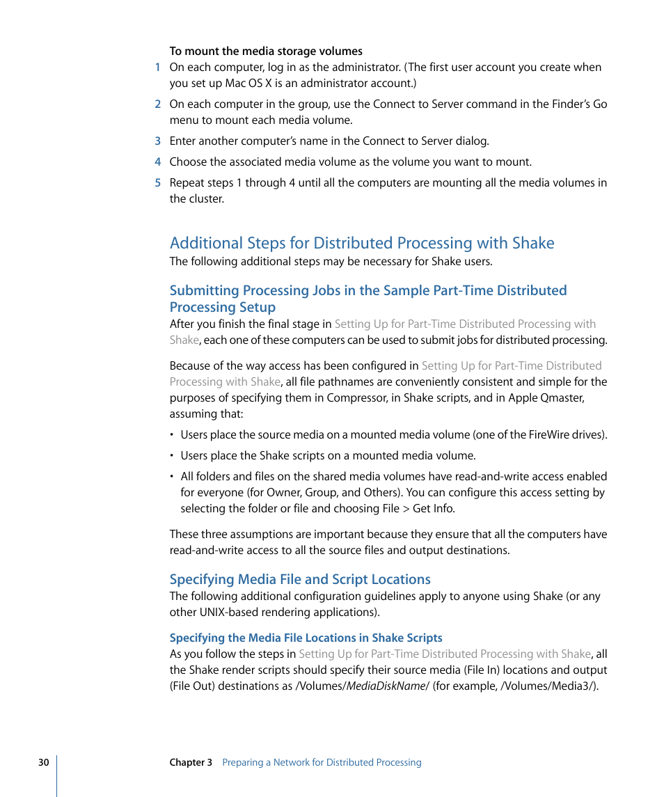 Specifying media file and script locations, Additional steps, For distributed processing with shake | Apple Qmaster 3 User Manual | Page 30 / 94