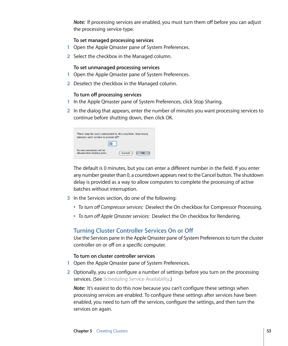 Turning cluster controller services on or off, Turning cluster controller services, On or off | Turning cluster controller services on, Or off, Turning cluster controller, Services on or off | Apple Qmaster 3 User Manual | Page 53 / 94