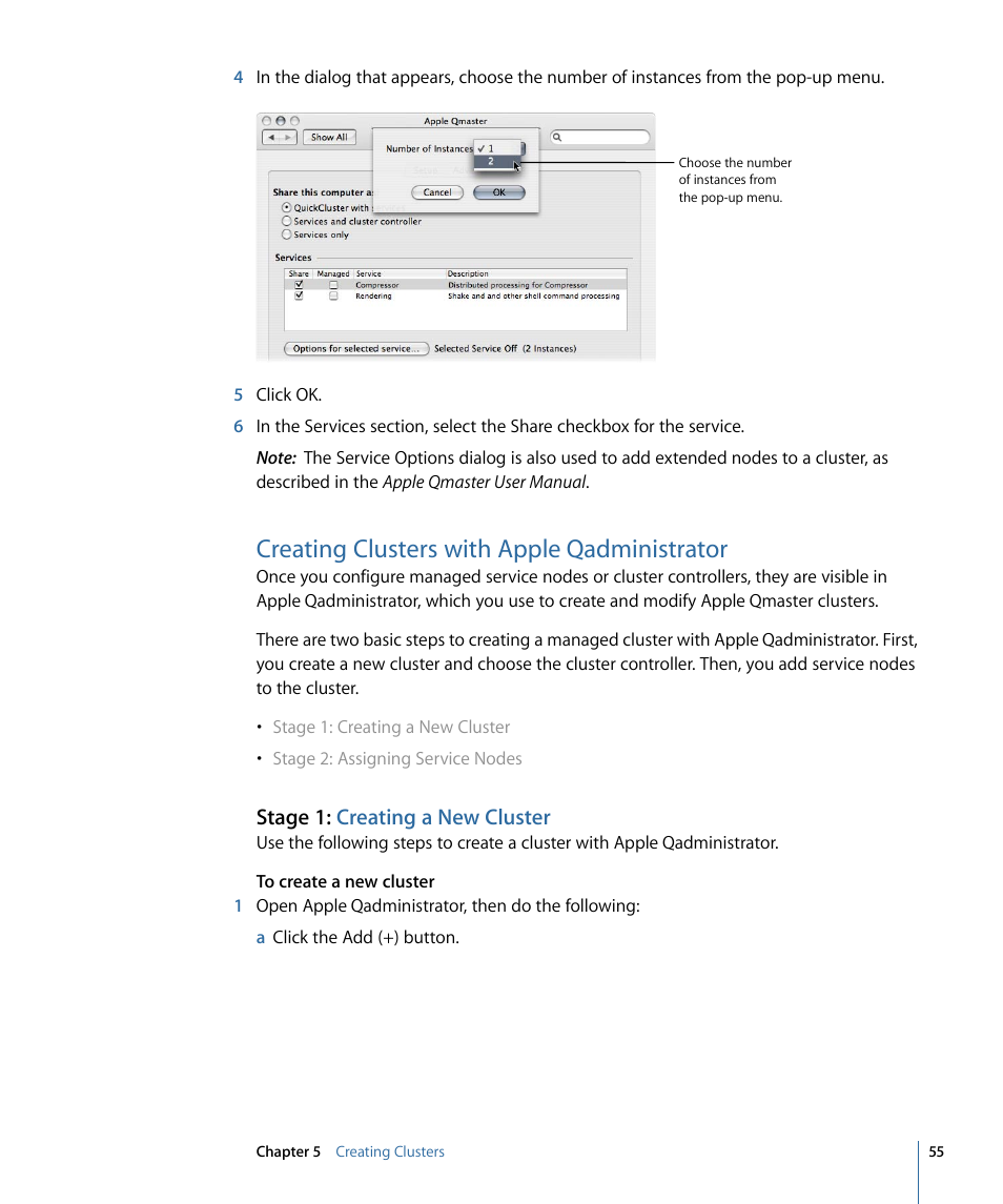 Creating clusters with apple qadministrator, Stage 1: creating a new cluster, Creating clusters with | Apple qadministrator | Apple Qmaster 3 User Manual | Page 55 / 94