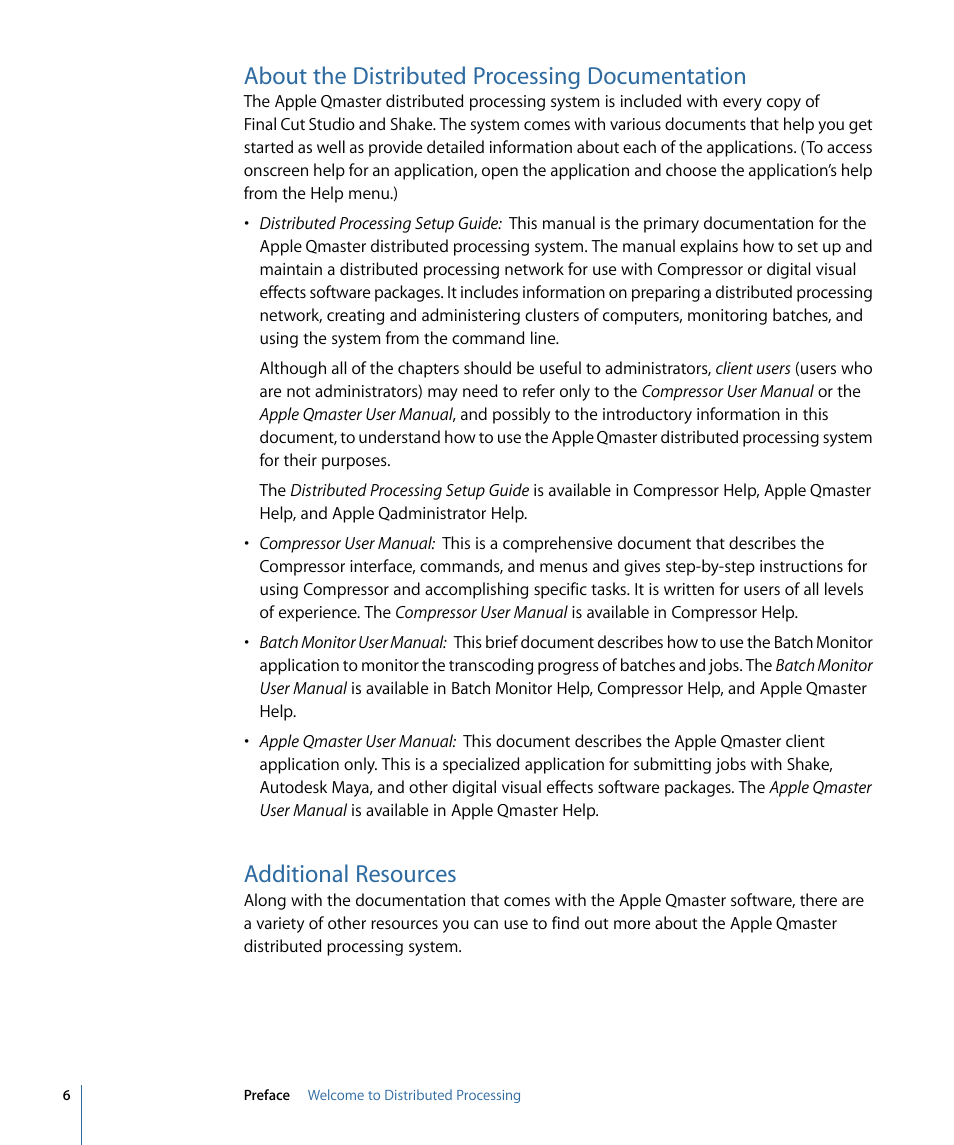 About the distributed processing documentation, Additional resources | Apple Qmaster 3 User Manual | Page 6 / 94