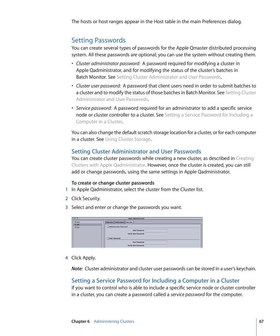 Setting passwords, Setting cluster administrator and user passwords, Setting a service | Password for including a computer in a cluster | Apple Qmaster 3 User Manual | Page 67 / 94