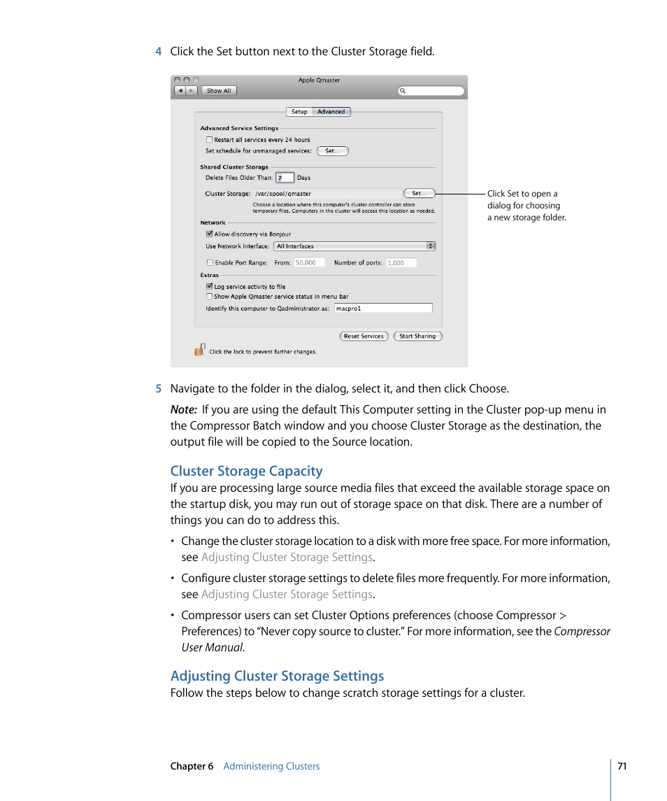 Cluster storage capacity, Adjusting cluster storage settings | Apple Qmaster 3 User Manual | Page 71 / 94