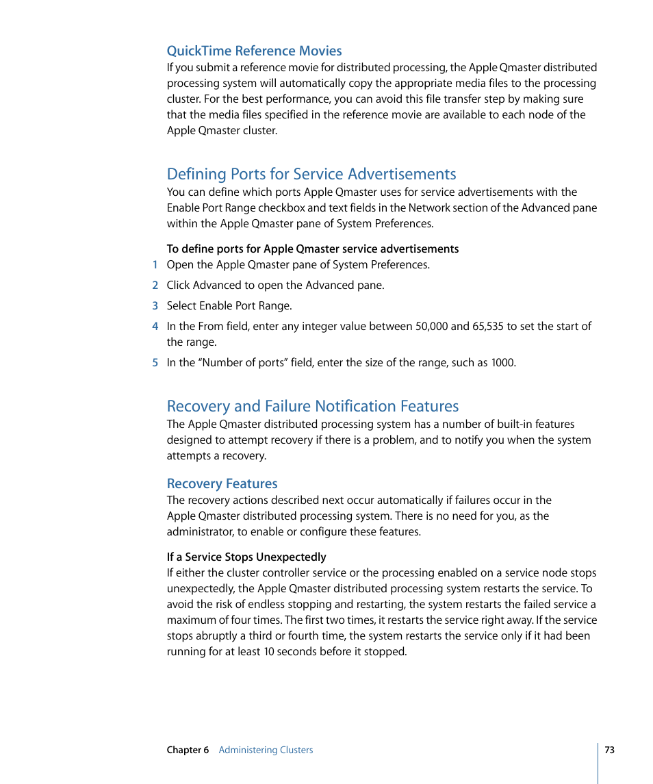 Quicktime reference movies, Defining ports for service advertisements, Recovery and failure notification features | Recovery features | Apple Qmaster 3 User Manual | Page 73 / 94