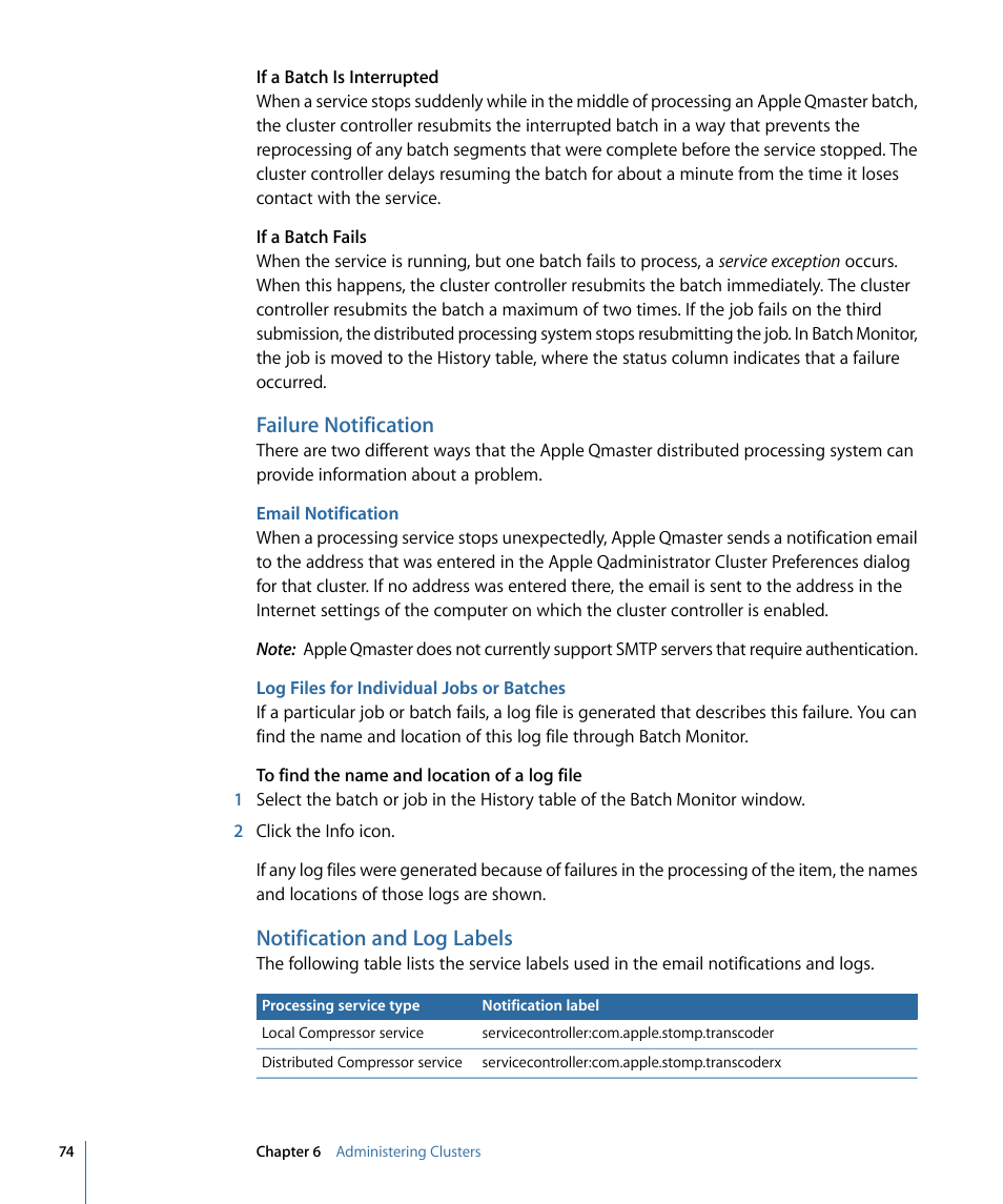Failure notification, Email notification, Log files for individual jobs or batches | Notification and log labels | Apple Qmaster 3 User Manual | Page 74 / 94