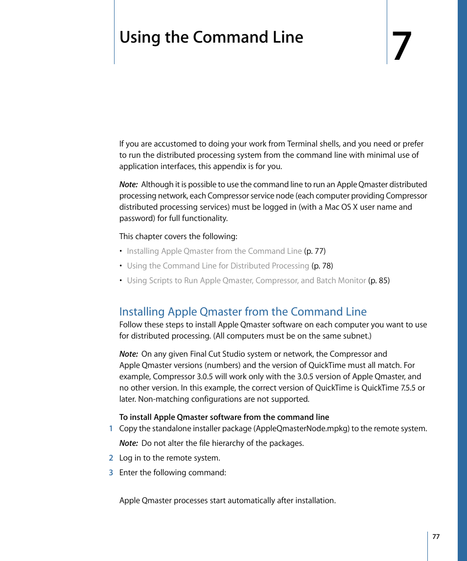 Using the command line, Installing apple qmaster from the command line, Installing apple qmaster | From the command line | Apple Qmaster 3 User Manual | Page 77 / 94