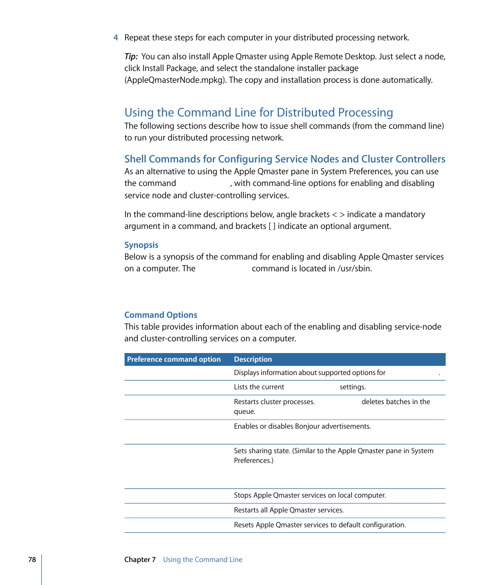 Using the command line for distributed processing, Synopsis, Command options | Apple Qmaster 3 User Manual | Page 78 / 94