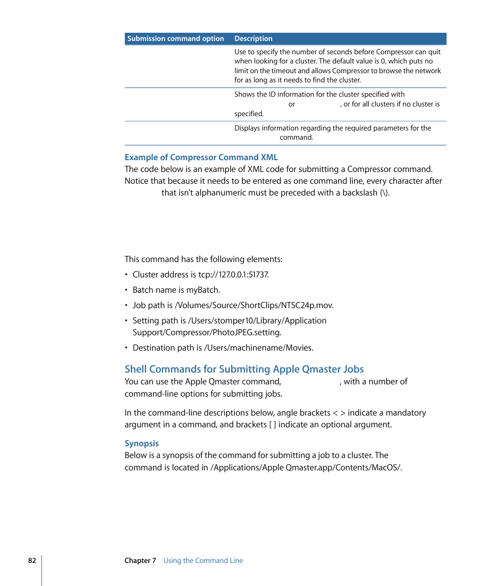 Example of compressor command xml, Shell commands for submitting apple qmaster jobs, Synopsis | Apple Qmaster 3 User Manual | Page 82 / 94