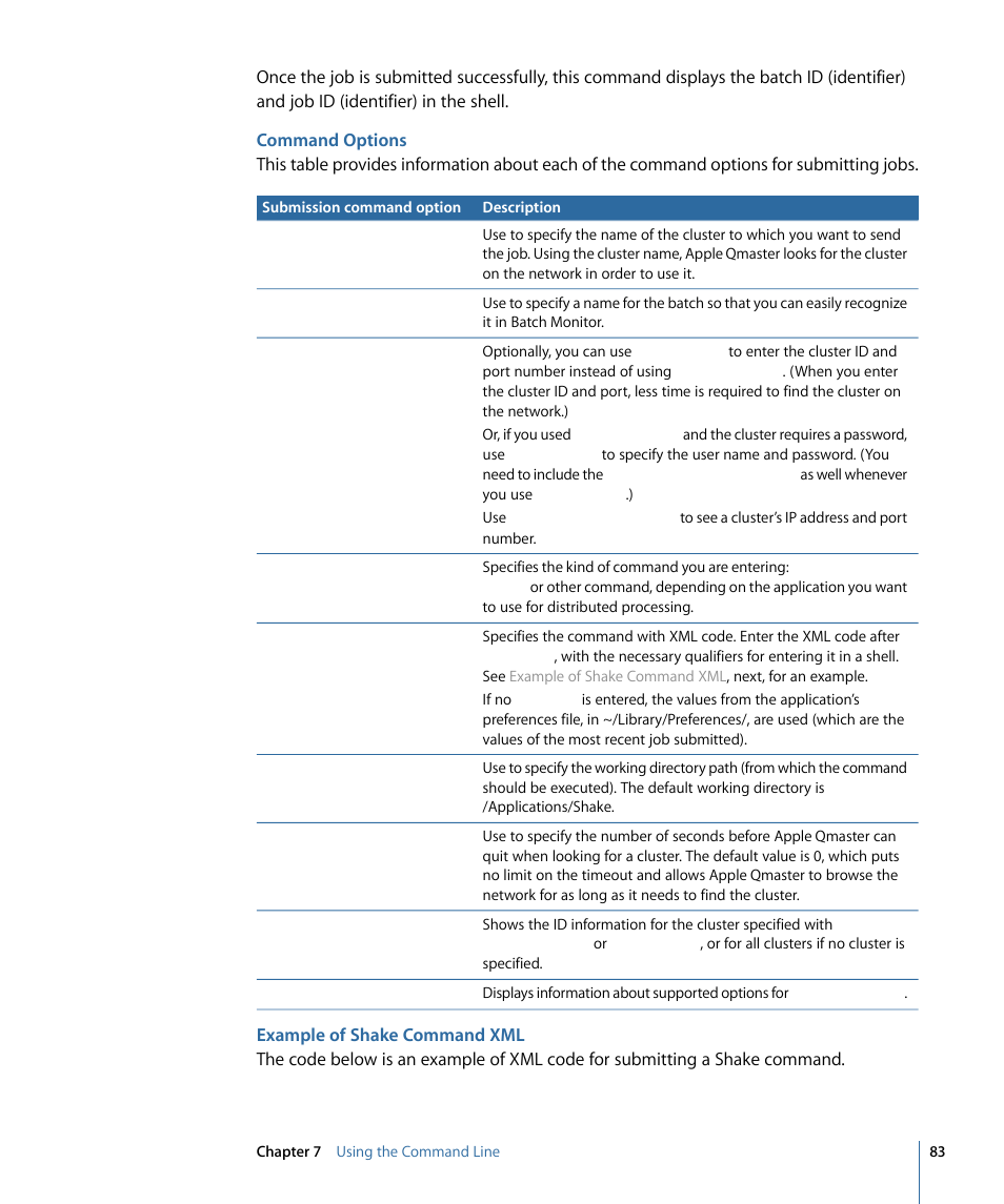 Command options, Example of shake command xml | Apple Qmaster 3 User Manual | Page 83 / 94