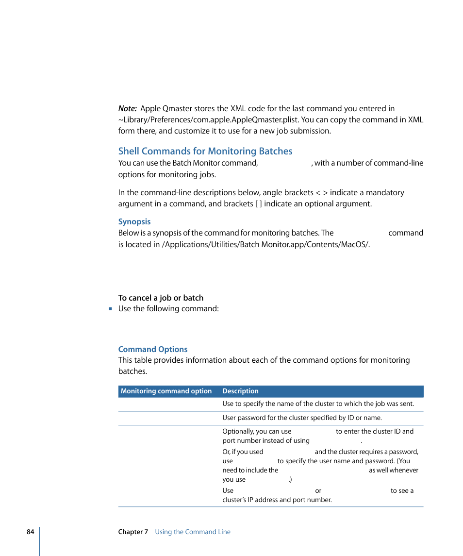 Shell commands for monitoring batches, Synopsis, Command options | Apple Qmaster 3 User Manual | Page 84 / 94