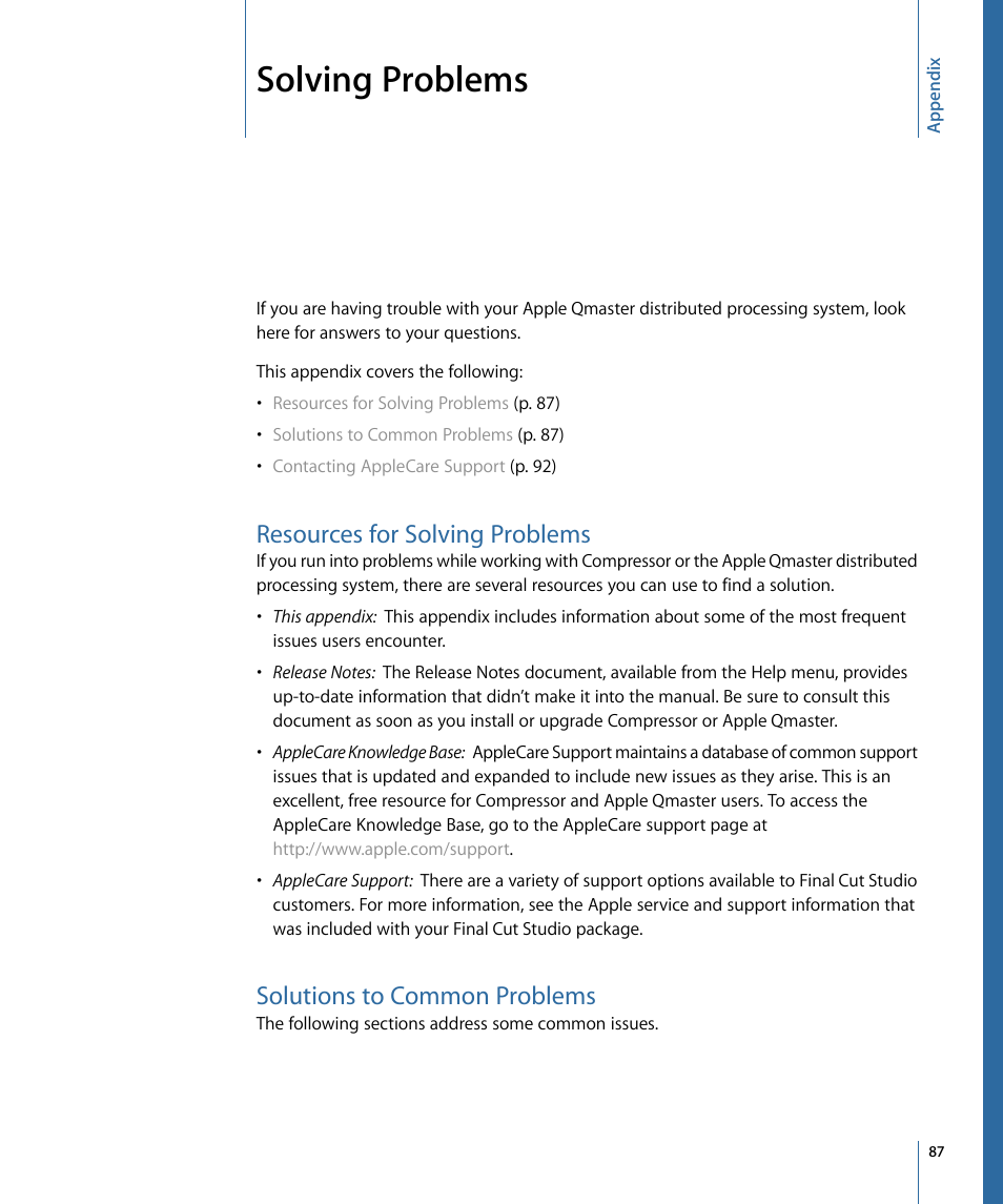 Appendix, Resources for solving problems, Solutions to common problems | Solving problems | Apple Qmaster 3 User Manual | Page 87 / 94