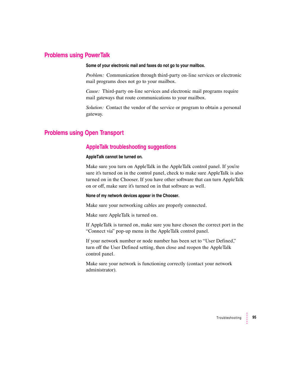 Problems using powertalk, Problems using open transport | Apple Macintosh System 7.5 User Manual | Page 103 / 126