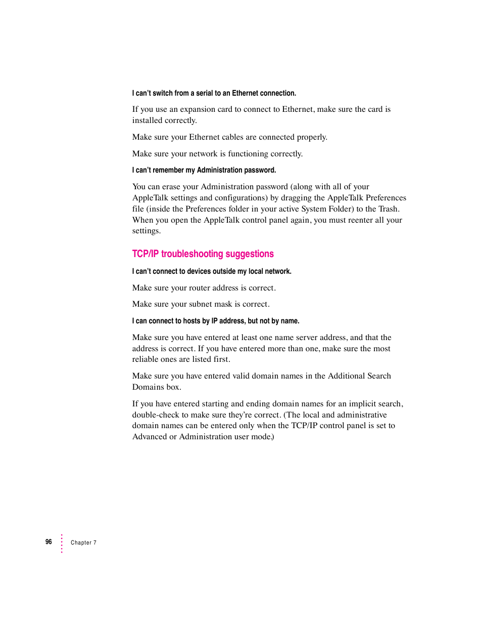 Tcp/ip troubleshooting suggestions | Apple Macintosh System 7.5 User Manual | Page 104 / 126