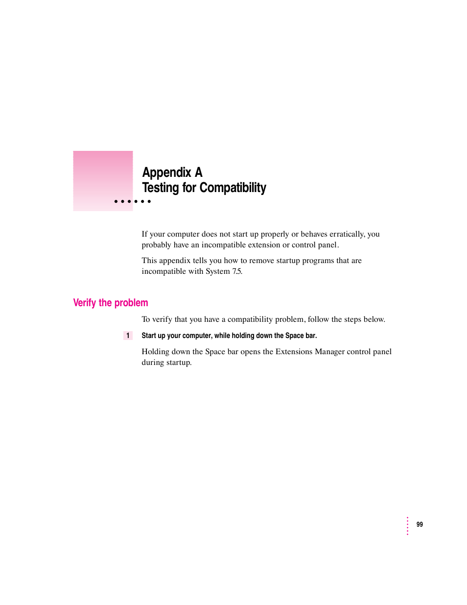 Appendix a testing for compatibility | Apple Macintosh System 7.5 User Manual | Page 107 / 126