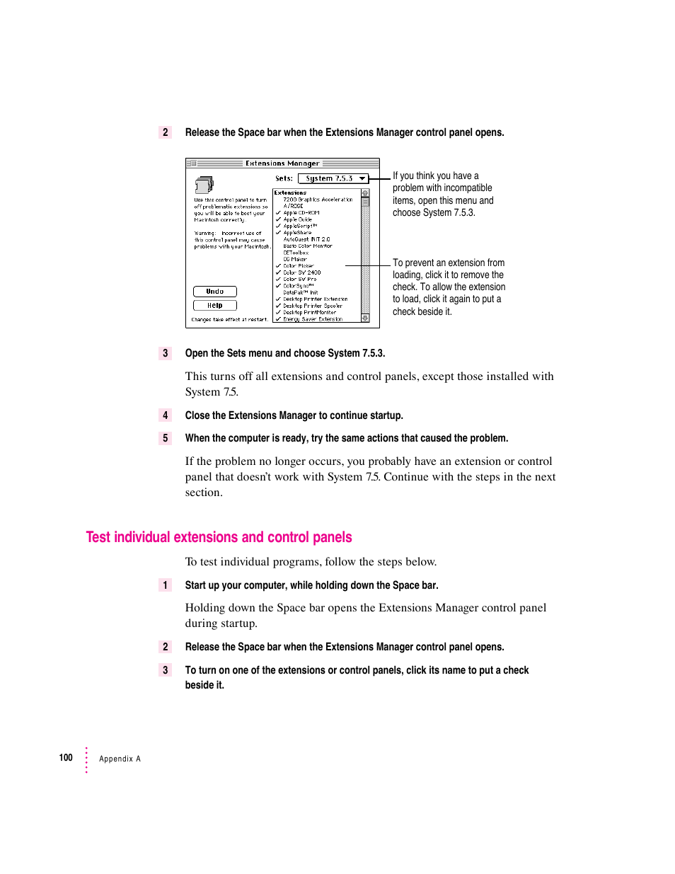 Test individual extensions and control panels | Apple Macintosh System 7.5 User Manual | Page 108 / 126