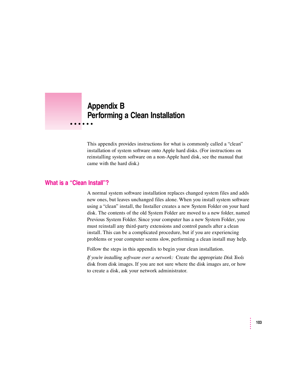 Appendix b performing a clean installation | Apple Macintosh System 7.5 User Manual | Page 111 / 126