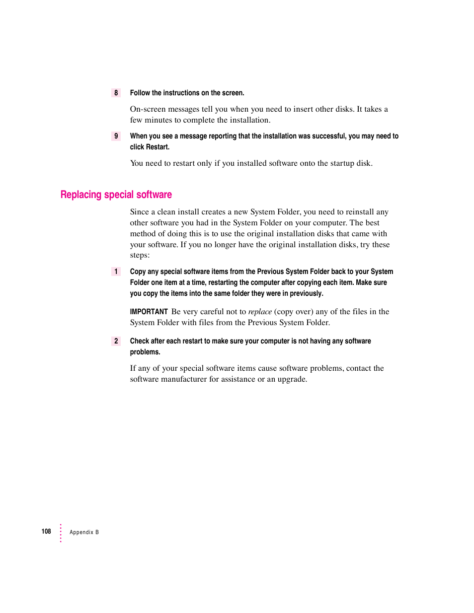 Replacing special software | Apple Macintosh System 7.5 User Manual | Page 116 / 126