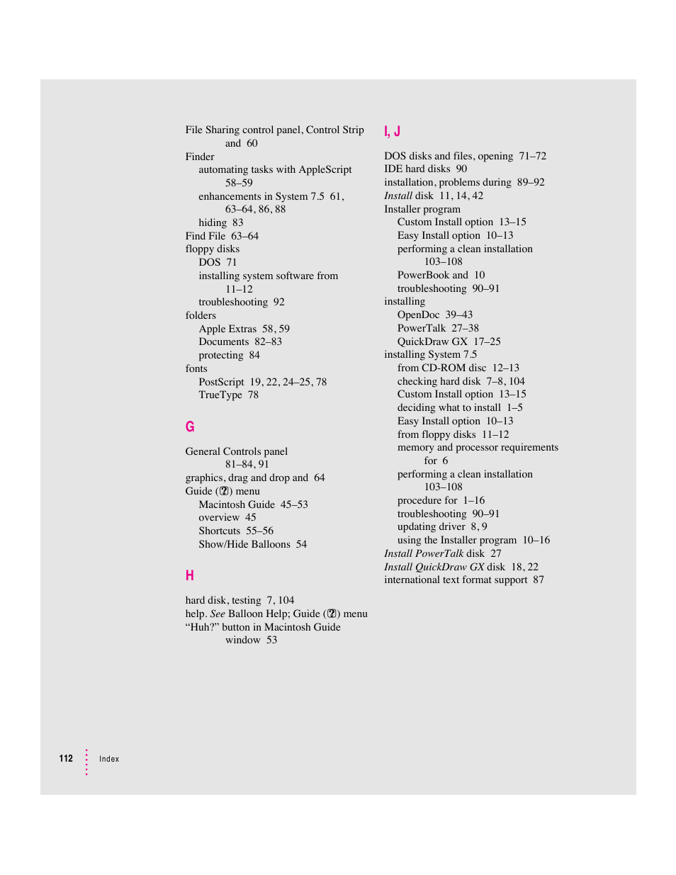 I, j | Apple Macintosh System 7.5 User Manual | Page 120 / 126